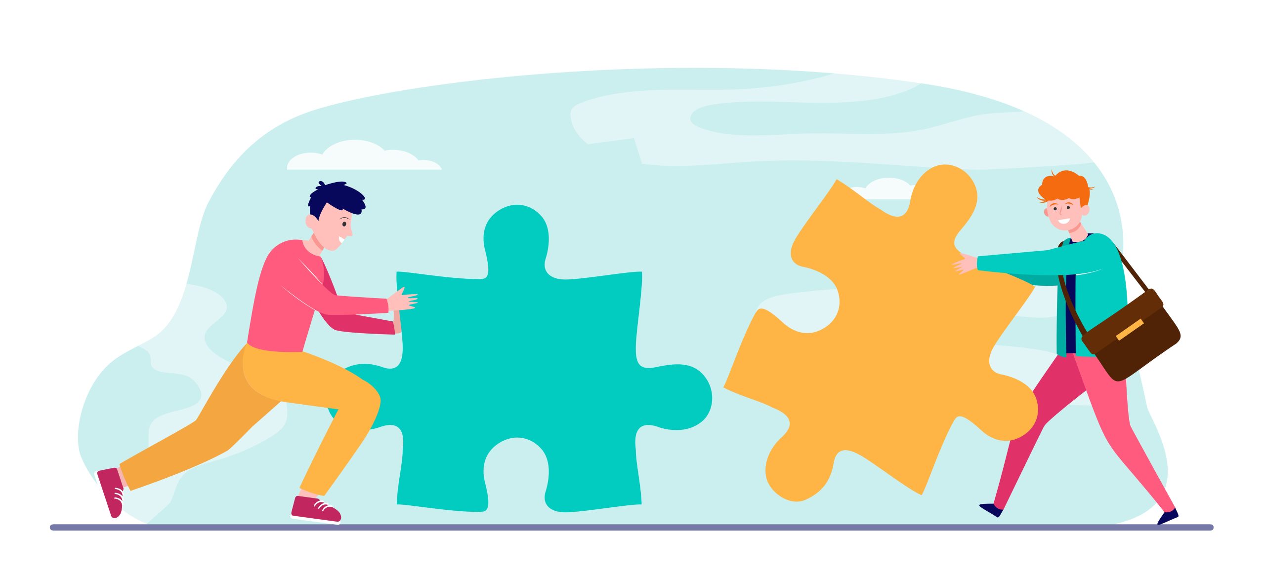 illustration, deux hommes essayent de rassembler un puzzle